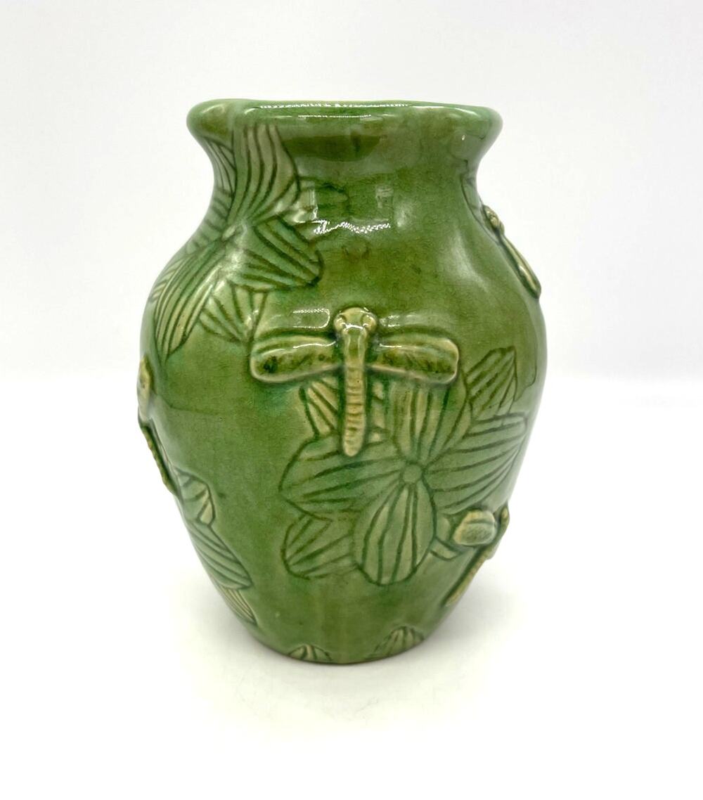 Four Corner Green Ceramic Dragonfly & Flowers Embossed Vase 6.75"